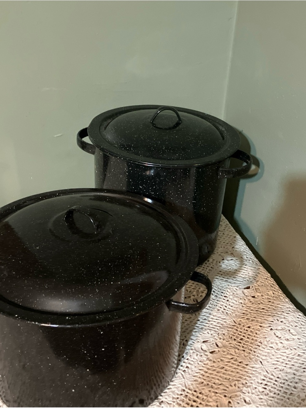 Black And White Speckled Enamel Camping Stock Pot & Lid Handles lot of 2